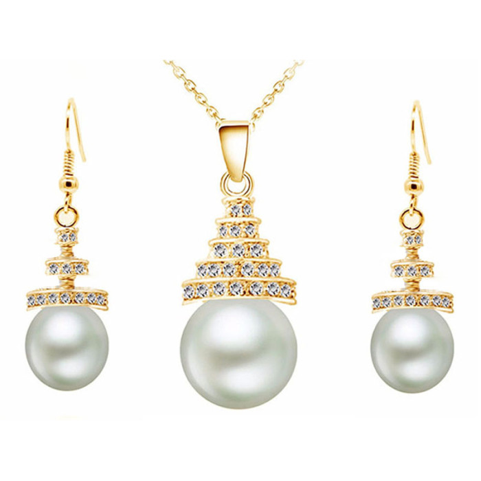Komplet eleganckiej biżuterii wiszące białe perły wyjątkowy wzór trójkąciki