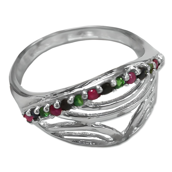 Srebrny wyjątkowy pierścionek 925 z kolorowymi cyrkoniami i ażurem