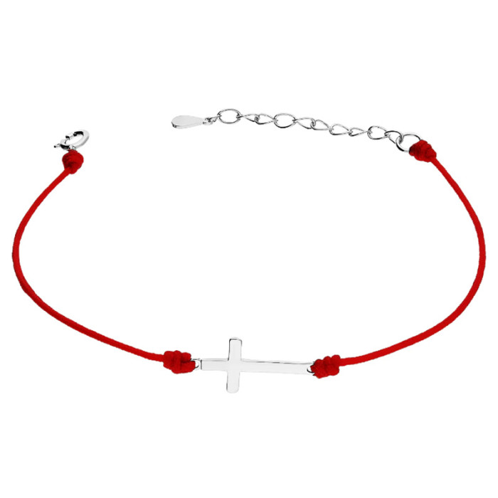 Srebrna bransoletka 925 na czerwonym sznurku z krzyżykiem