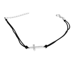 Srebrna bransoletka 925 z krzyżykiem i cyrkoniami na czarnym sznurku