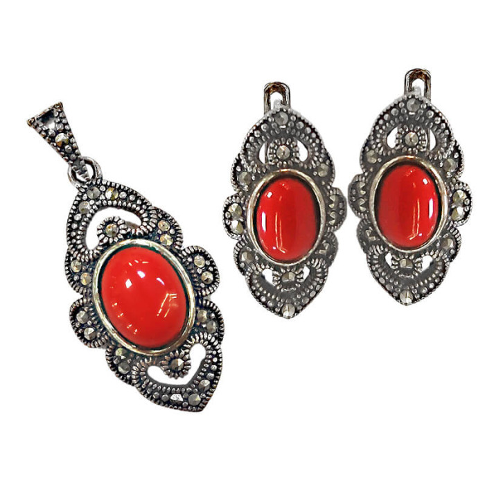 Srebrny komplet biżuterii 925 z markazytami i czerwonym kamieniem