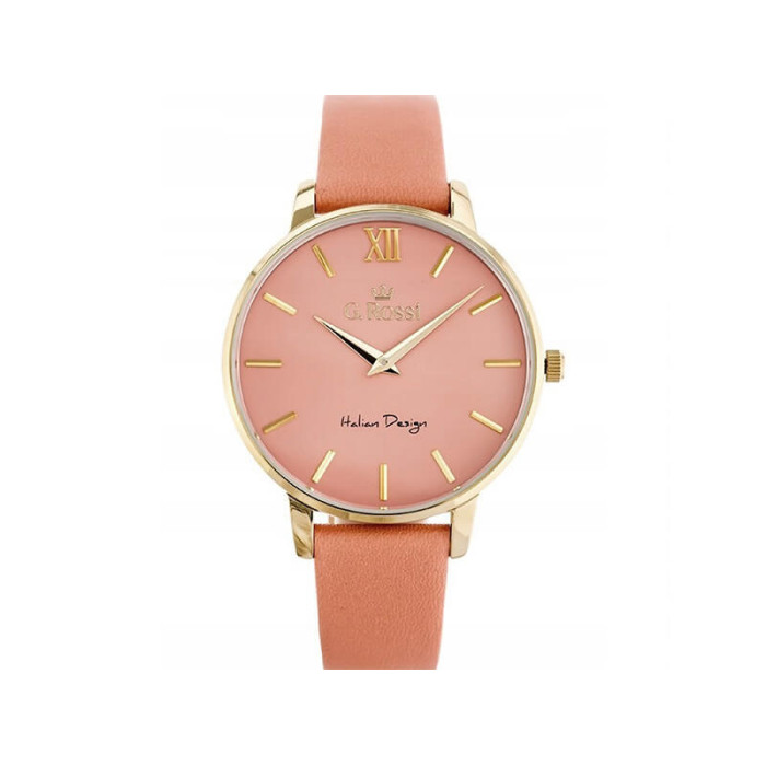 Złoty damski zegarek na różowym pasku ze skóry na prezent dla kobiety