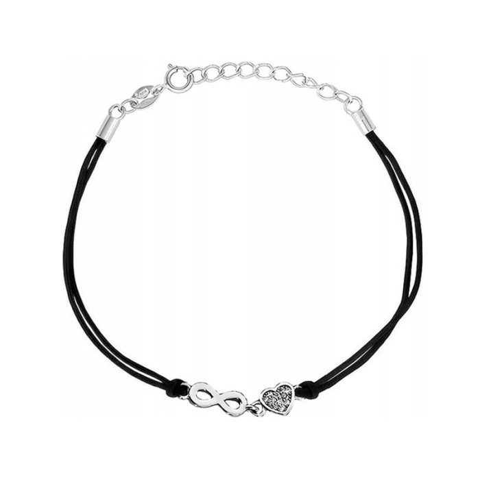 Srebrna bransoletka 925 czarny sznurek z nieskończonością