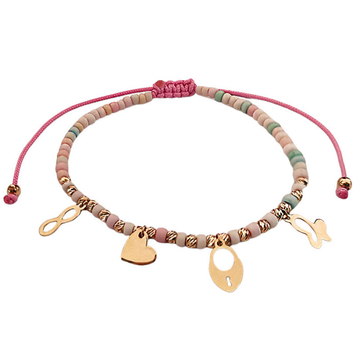 Złota sznurkowa bransoletka 585 diamentowane kulki z kolorowymi koralikami i zawieszkami różowy sznurek