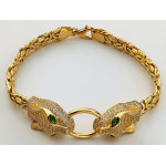 Złota bransoletka 585 głowa pantery zielone cyrkonie z łańcuchem bizantyna dziki kot