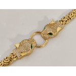 Złota bransoletka 585 głowa pantery zielone cyrkonie z łańcuchem bizantyna dziki kot