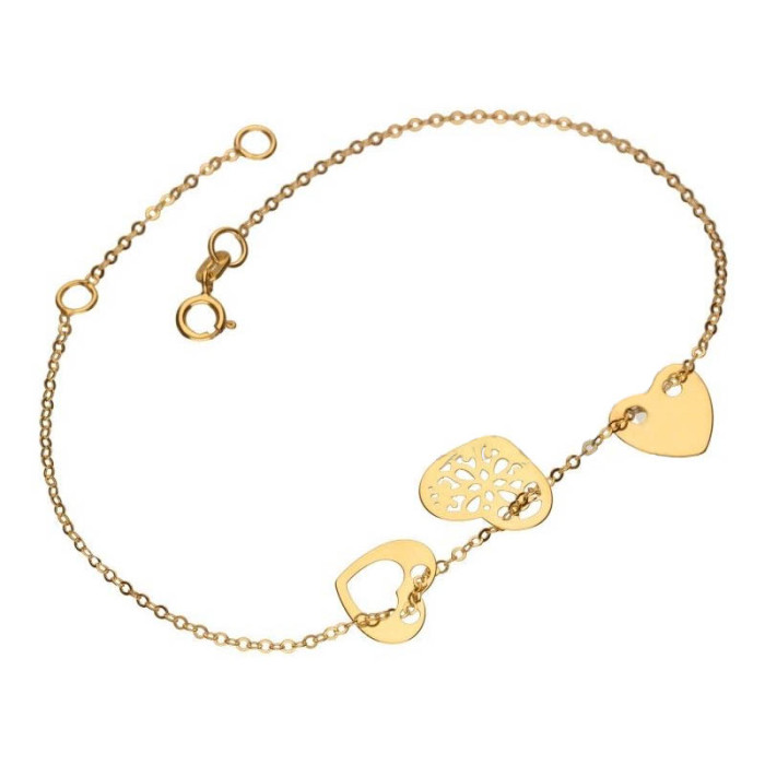 Złota bransoletka łańcuszkowa 585 podwójny łańcuszek z sercami