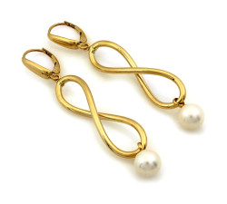 Kolczyki złote długie sztywne nieskończoności z wiszącą perłą
