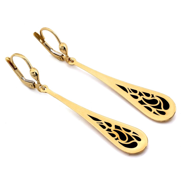 Kolczyki złote 585 długie sztywne maczugi z czarną emalią elegancki wzór wiszące łezki 14kt