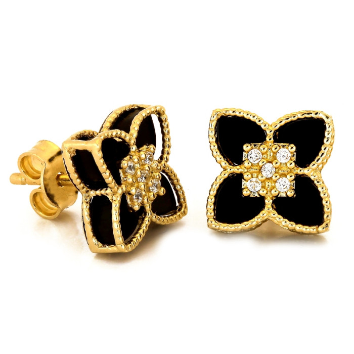 Kolczyki złote modne czarne kwiatki sztyft eleganckie złoto 585