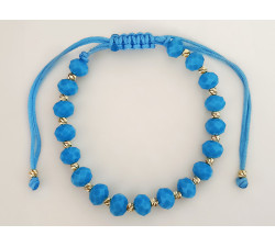 Złota bransoletka 585  z kolorowymi sznureczek błękitne koraliki