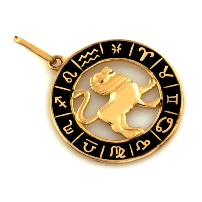 Złota zawieszka 585 znak zodiaku Lew z czarną emalią nowoczesna stylowa 14k