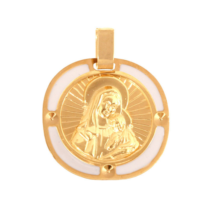 Złoty medalik 585 Matka Boska ozdobiony białą emalią