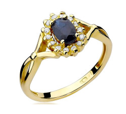 Złoty pierścionek 585 łezka z szafirem i diamentami
