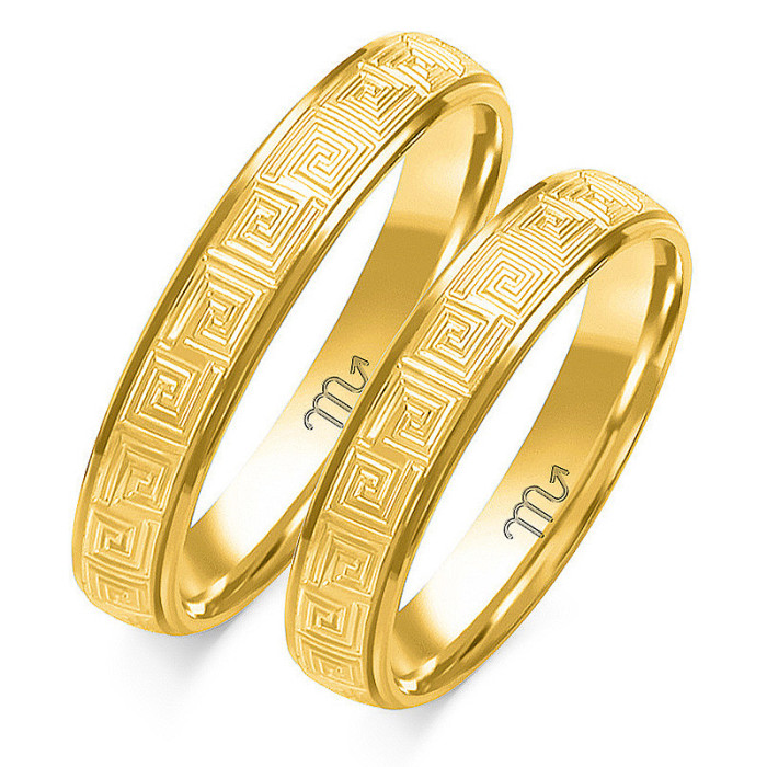 Obrączka ślubna wzór grecki grawerowana złota 585