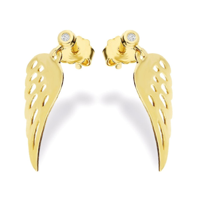 Złote kolczyki 585 wiszące skrzydełka z diamentem
