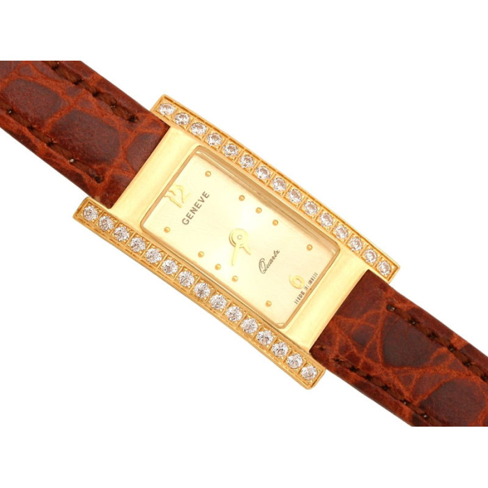 Złoty zegarek damski 585 Geneve skórzany pasek