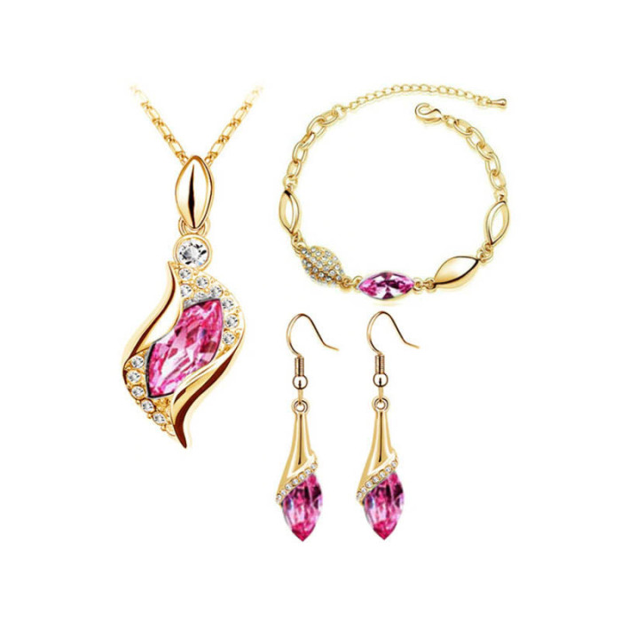Komplet biżuterii z różowymi cyrkoniami łezki kryształowe migdały