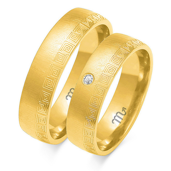 Obrączka z diamentami wzór grecki ślubna grawerowana złota 333