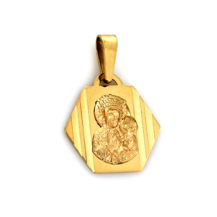 Złoty medalik 585  w kształcie sześciokąta z Matką Boską 0,72g