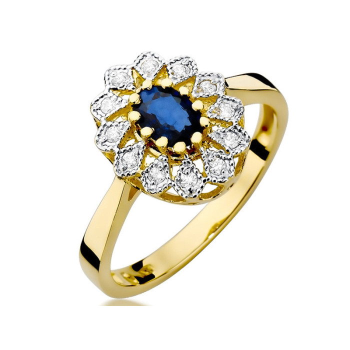 Złoty pierścionek 585 markiza szafir diamenty