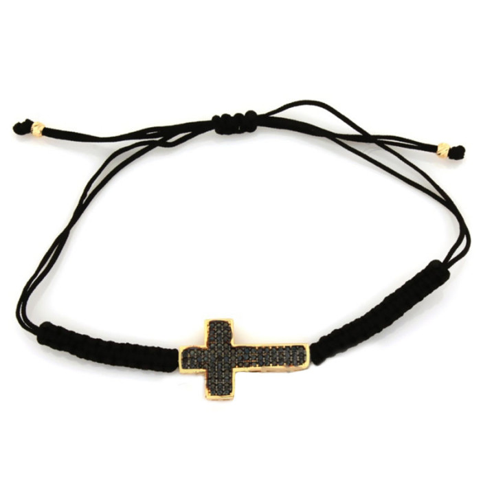 Złota bransoletka 585 krzyż na czarnym sznurku