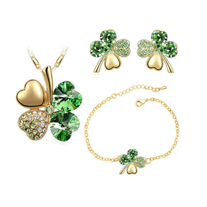 Komplet biżuterii koniczynki zielone szmaragdowe cyrkonie na prezent