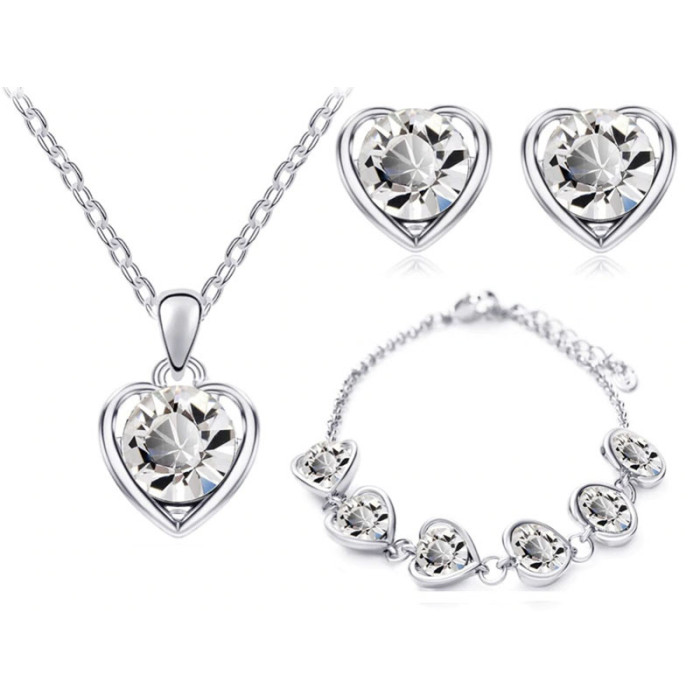 Komplet biżuterii damskiej białe kryształowe serduszka cyrkonie na prezent