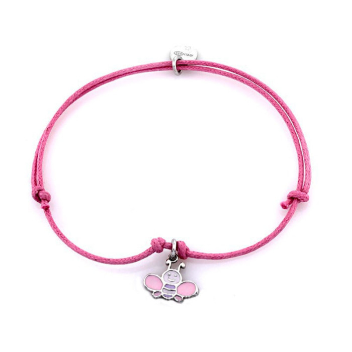 Srebrna bransoletka 925 z różowym motylem na sznurku