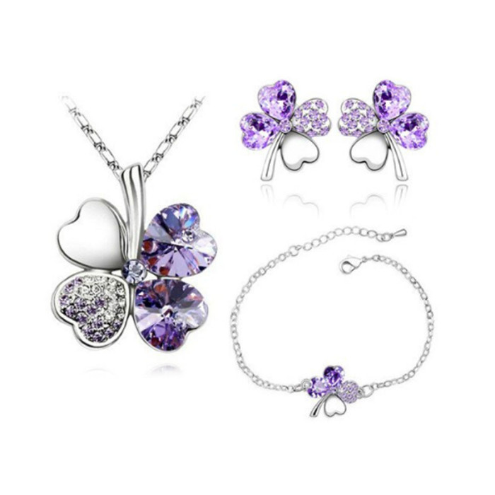 Zestaw biżuterii liliowe koniczynki z cyrkoniami na prezent