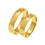 Złota obrączka ślubna wzór grecki 585 z diamentami grawerowana