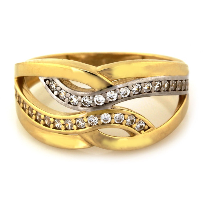 Złoty pierścionek 585 szeroki dwukolorowy cyrkonia 2,47g
