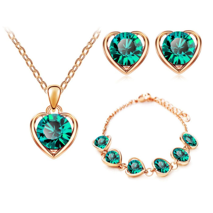 Komplet biżuterii zielone serduszka kryształowe szmaragdowe serca