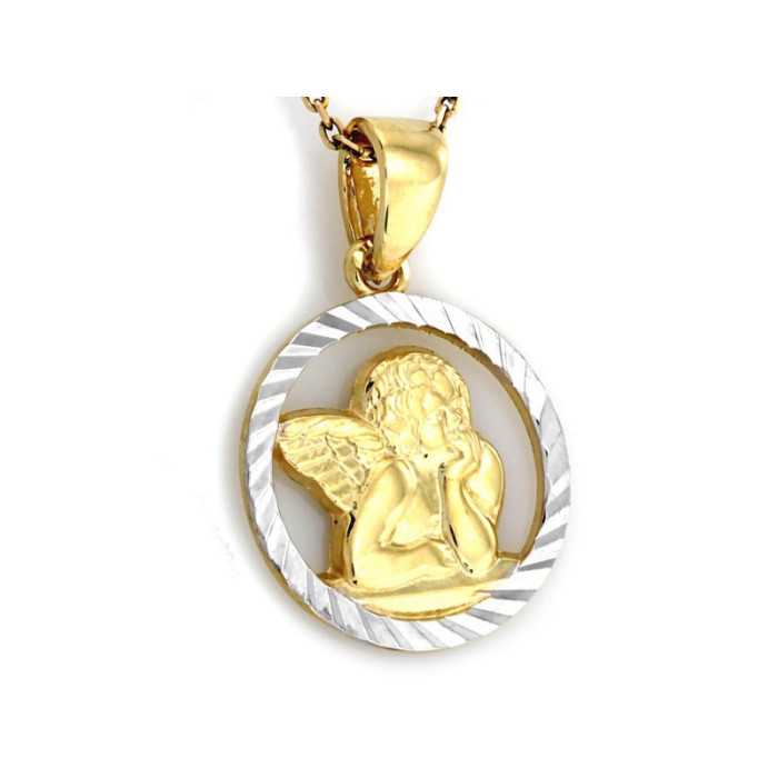 Złoty medalik 333 okrągły z białym złotem aniołek