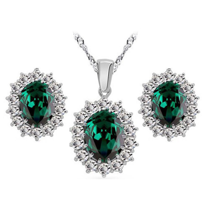 Komplet biżuterii z zielonymi cyrkoniami eleganckie owalne markizy