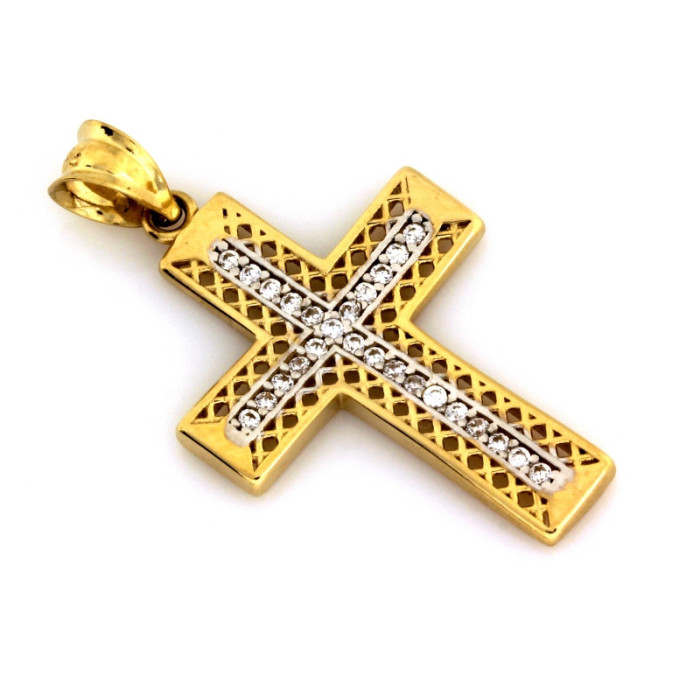 Złoty krzyż 585 zdobiony cyrkoniami i białym złotem na Chrzest Św., Komunię Św.