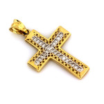Złoty krzyż 585 zdobiony cyrkoniami i białym złotem na Chrzest Św., Komunię Św.