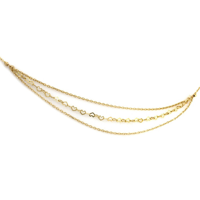Złoty naszyjnik 585 z trzech łańcuszków z SERCAMI