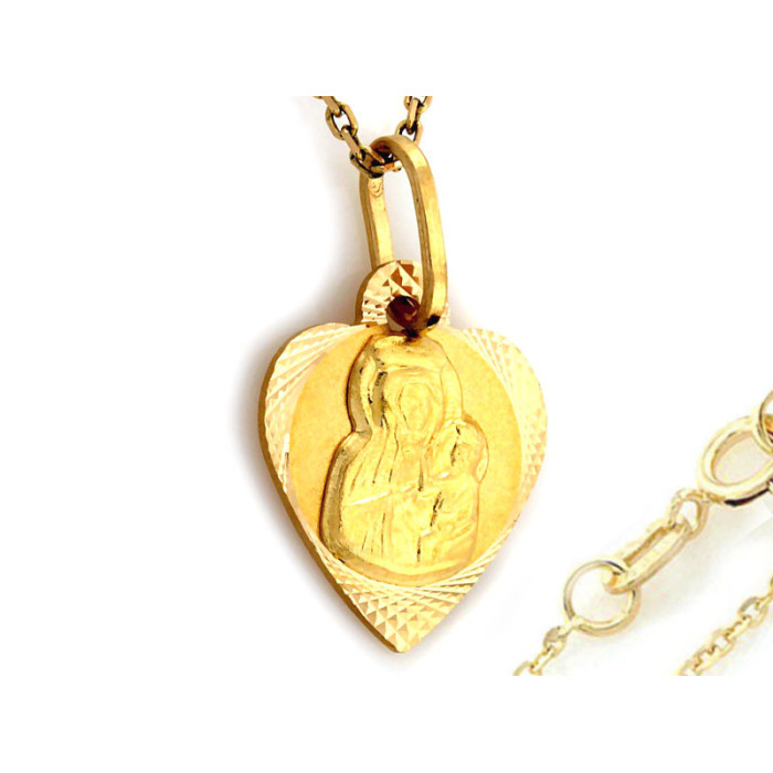 Złoty komplet 333 medalik serce Matka Boska łańcuszek