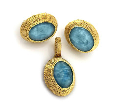Złoty komplet biżuterii 585 błękitne owale12.71g