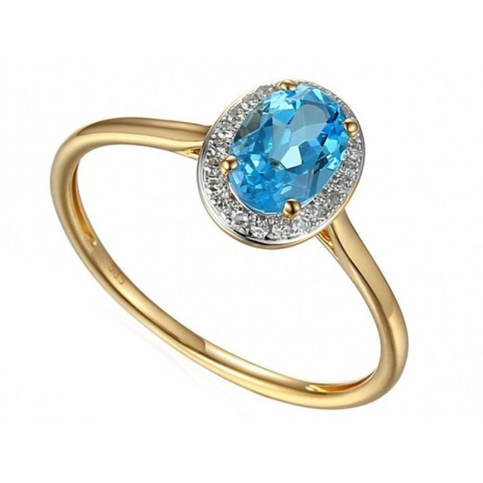 Złoty pierścionek 585 z niebieskim topazem i brylantami