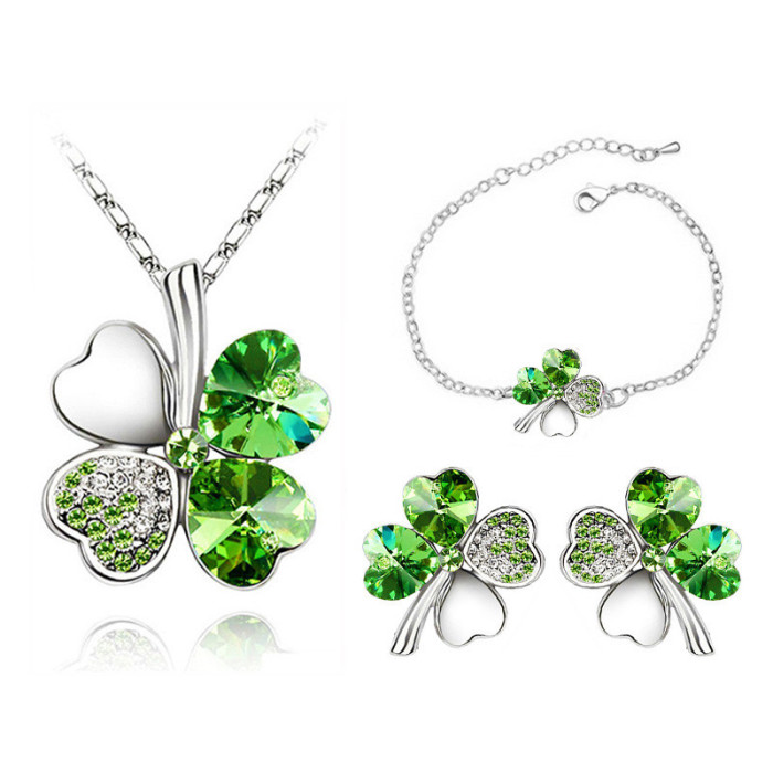 Komplet biżuterii koniczynki zielone cyrkonie kryształki